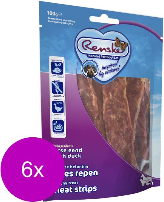Renske Vleesrepen 100 g - Hondensnacks - 6 x Eend&Groente