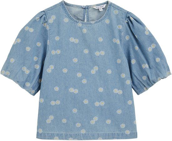 WE Fashion Meisjes blouse met ballonmouwen light blue denim