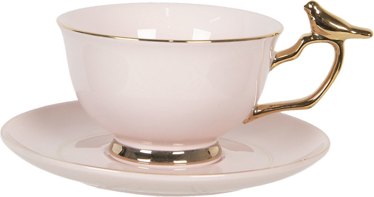 Clayre & Eef Kop en schotel Ø 15*7 cm / 200 ml Roze Porselein Rond Vogel Servies Koffie Cappuccino