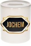 Bellatio Decorations Shoppartners Bv Spaarpot met voornaam Jochem - wit - met goud/zwart embleem - 8 x 9 cm - keramiek - met afsluitdop - cadeau verjaardag