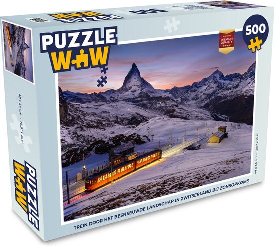 MuchoWow Puzzel Trein door het besneeuwde landschap in Zwitserland bij zonsopkomst - Legpuzzel - Puzzel 500 stukjes