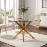 STILVORA Ronde Eettafel - Glazen Blad Met Gouden Metalen X-Poten - Modern Design - 80 x 80 x 75 Cm