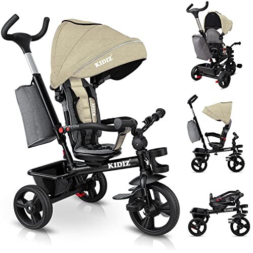 Kidiz KIDIZ® Driewieler 5-in-1 kinderdriewieler met duwstang stuursysteem stang vanaf 1 jaar vooruit en achteruit rijden jogger, mand tas drankhouder zonnedak rubberen wielen, buggy fiets baby inklapbaar beige