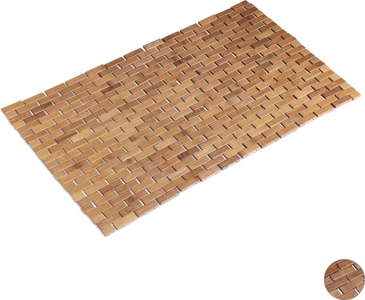 Relaxdays badmat bamboe - douchemat - badkamer mat - antislip - oprolbaar - 50 x 80 cm Naturel