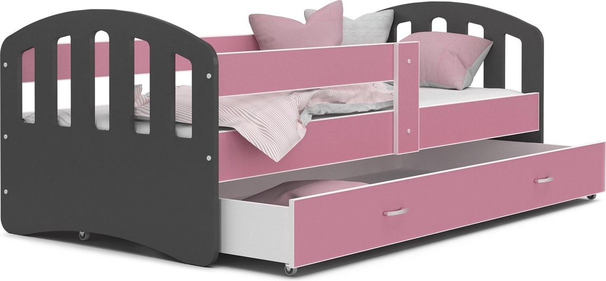 Viking Choice Kinderbed | Houten bed | 140x80cm| met lattenbodem | met uitschuiflade | grijs roze | met matras