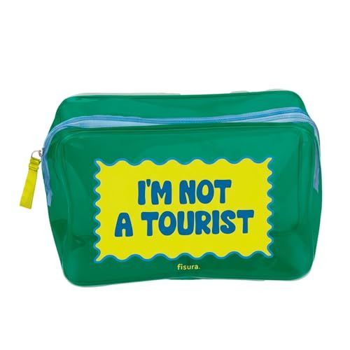 Fisura Transparante toilettas, "I'm Not a Tourist", groen, grote make-uptas voor op reis, 3 liter
