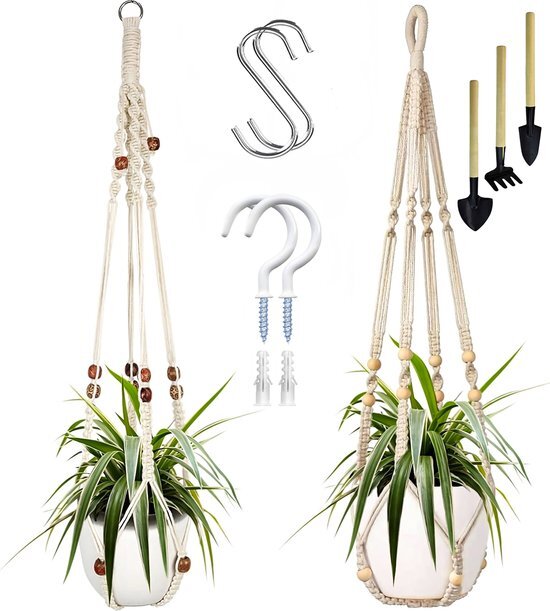 Mycramé 4 Stuks Luxe Macrame Plantenhangers - Boho Handgeweven Katoen Hangpot voor Binnen/Buiten - Hangende Bloempot met Kralen - Macramé Touw/Koord Hangplant Houder - Bohemian Wandhanger Decoratie - Plant Hanger - Verticale Tuin Bloempothouder Planthanger