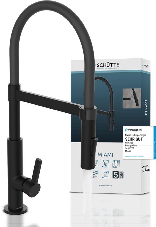 SCHÜTTE Miami Design Keukenkraan - Zwart Mat - Draaibare Uitloop met Soft-Touch Slang