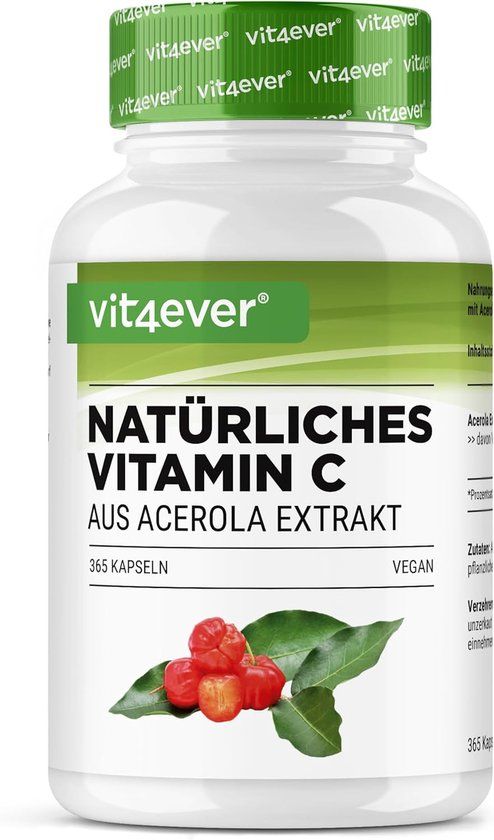Vit4ever Acerola Vitamine C - 365 Capsules - 1320 mg Acerola Extract per Portie - 25% Natuurlijk Vitamine C - Vegan - Vit4ever