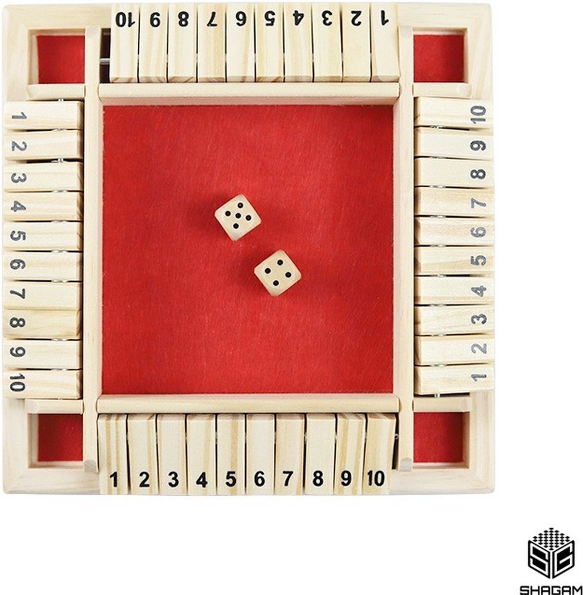 Shagam Shut The Box - 4 Spelers - Rood - Hout - Dobbelspel - Rekenspel