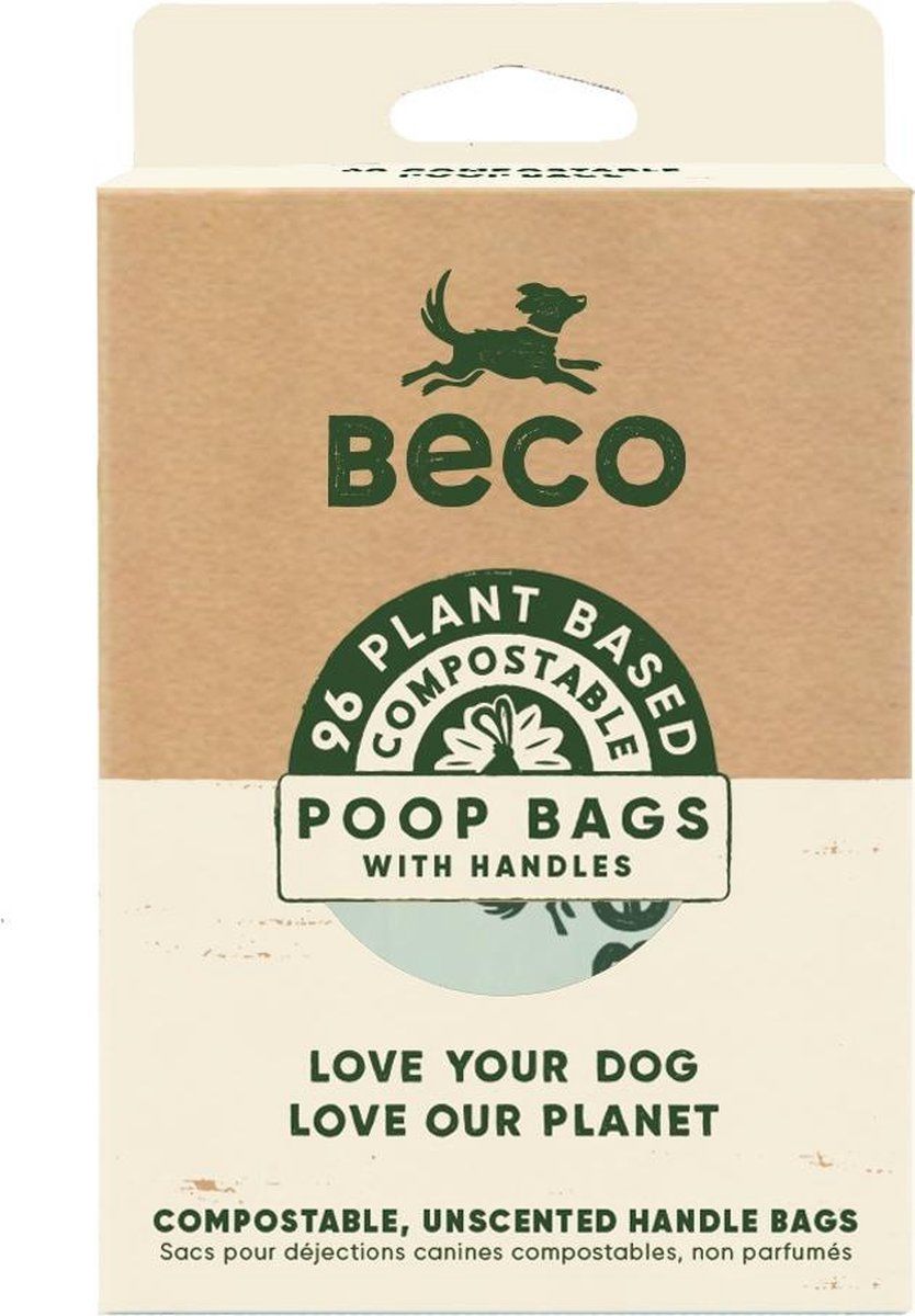 Beco Bags Compostable - Composteerbare hondenpoepzakjes met hengsels - Ongeparfumeerd - Groot en Sterk - 96 stuks