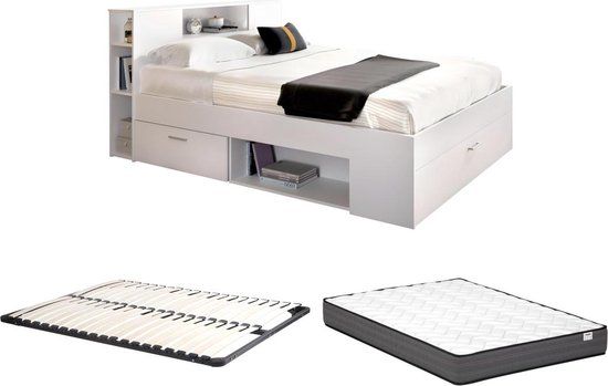 Merkloos Wit bed 140x190 cm met hoofdeinde, opbergruimte en lades - LEANDRE