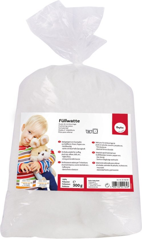 RAYHER 3315200 vulwatten, zeer pluizig, 300 g zak, vulmateriaal 100% polyester, wit, vlokken, wasbaar op 95 graden, knutselwatten, kussenvulling, vulmateriaal, stopwatten