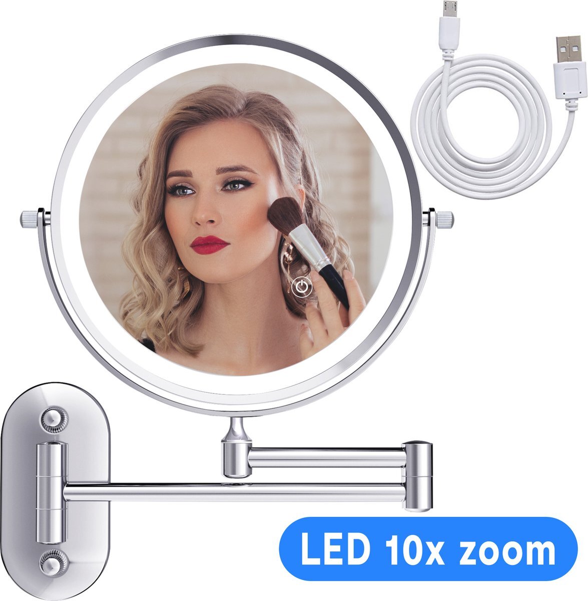 Donjo Make Up Spiegel met Led Verlichting - 10X Vergroting - Wandspiegel Rond - Scheerspiegel Wandmodel - Badkamer - Douche - Chroom - Draadloos