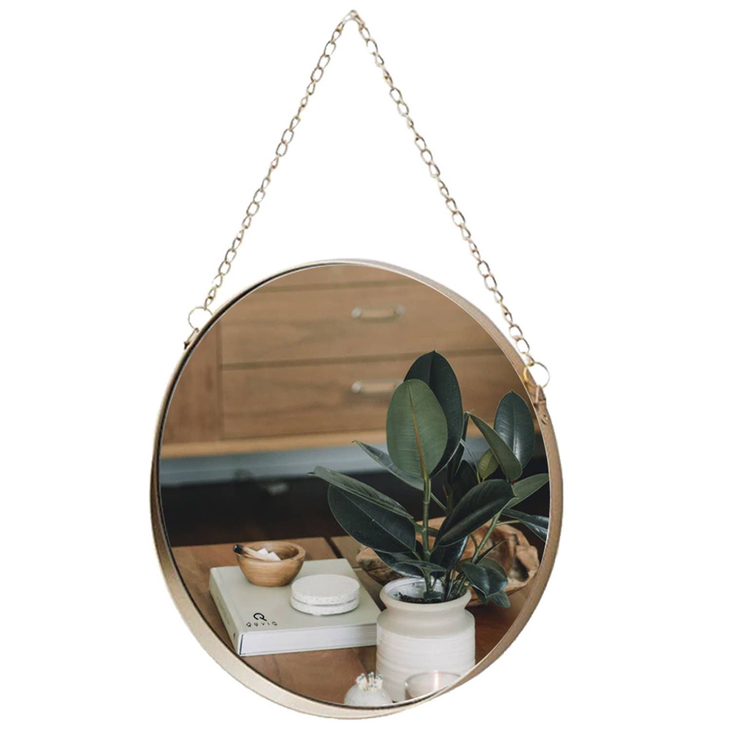 QUVIO Spiegel rond - Met ophangketting - Goud - Hangende spiegel - Wandspiegel