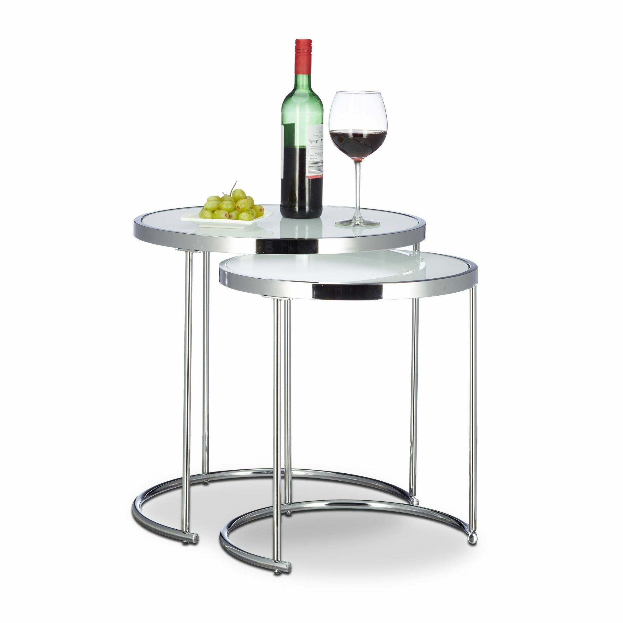 Relaxdays Salontafel Rond - Set van 2 - Melkglas - Metaal - Zilver