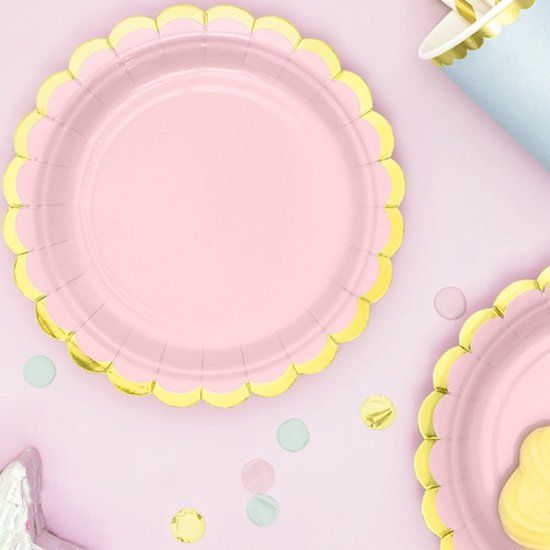 Partydeco Poland Borden roze met gouden randje 6 stuks | 18cm | Papier