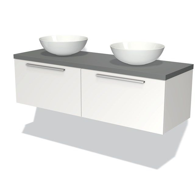 Maxaro Badkamermeubel voor Waskom 140cm Modulo Plato Mat Wit 2 Lades Vlak Middengrijs Blad