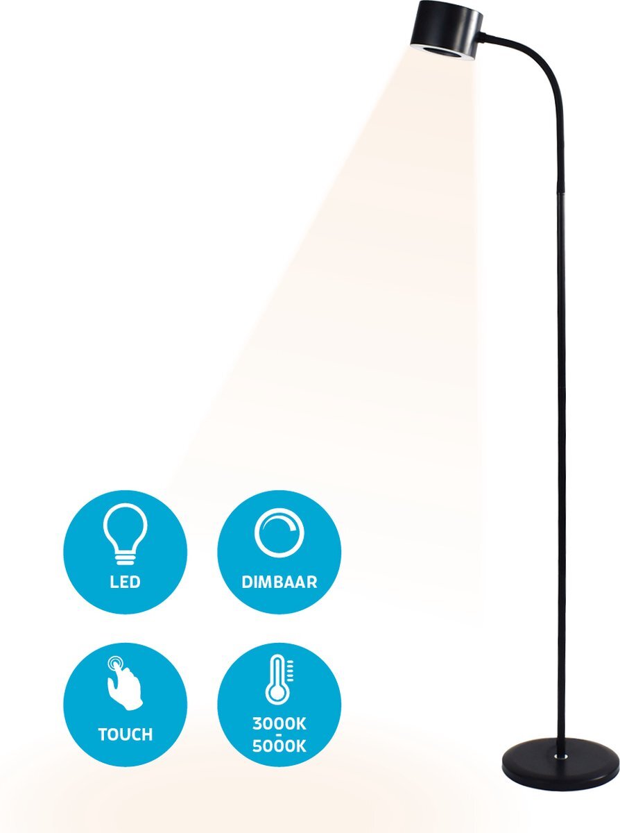 Varin Varin® Design LED leeslamp - Zwart - Dimbaar - 3 Kleurtinten - 10W (eq. 75W) - 800 lumen - Vloerlamp woonkamer - Staande lamp slaapkamer - Modern industrieel - Lampen instelbaar - Touchknop - Flexibele hals - Design vloerlampen