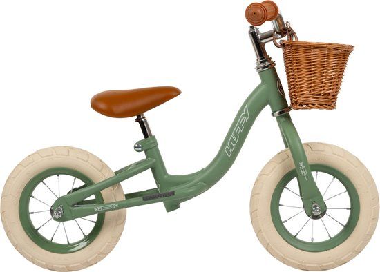 Vedes loopfiets vintage groen 10 inch met mandje en luchtbanden.