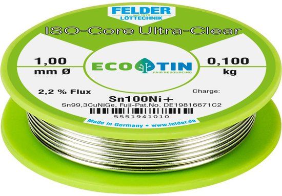 Felder ISO-Core Ultra-Clear Sn100Ni+ Soldeertin, loodvrij Spoel Sn99,25Cu0,7Ni0,05 0.100 kg 1 mm
