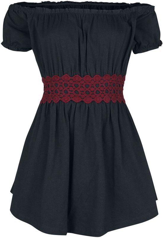Gothicana by EMP Gothicana Zwart Off-the-shoulder Lang T-shirt met Rood Riemdetail - Dames - L