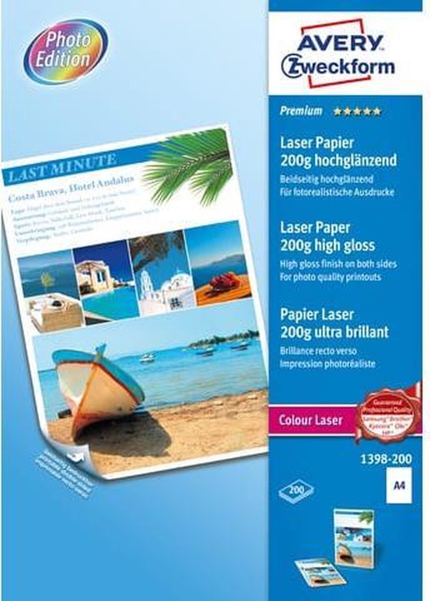 Avery Avery-Zweckform Premium Laser Paper 200g high gloss 1398-200 Laserprintpapier DIN A4 200 vellen Wit