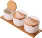 Set de pots à herbes en céramique avec couvercle en bambou – 3 pièces – Pots à herbes avec cuillères – Rangement à épices pour cuisine et plan de travail
