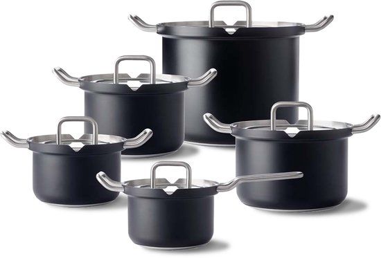 BK - Pannenset - 5-delig - Zwart - RVS - Met Deksel - Geschikt voor Alle Warmtebronnen - Vaatwasserbestendig