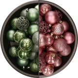 Bellatio Decorations Kerstballen mix - 74-delig - salie groen en oudroze - 6 cm - kunststof