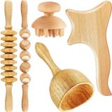 oCreon 5-in-1 maderotherapie set, anti-cellulitis massageapparaat, hout, massageroller, fasciarol, Gua Sha beker, massageset, verstevigt de huid, voor nek