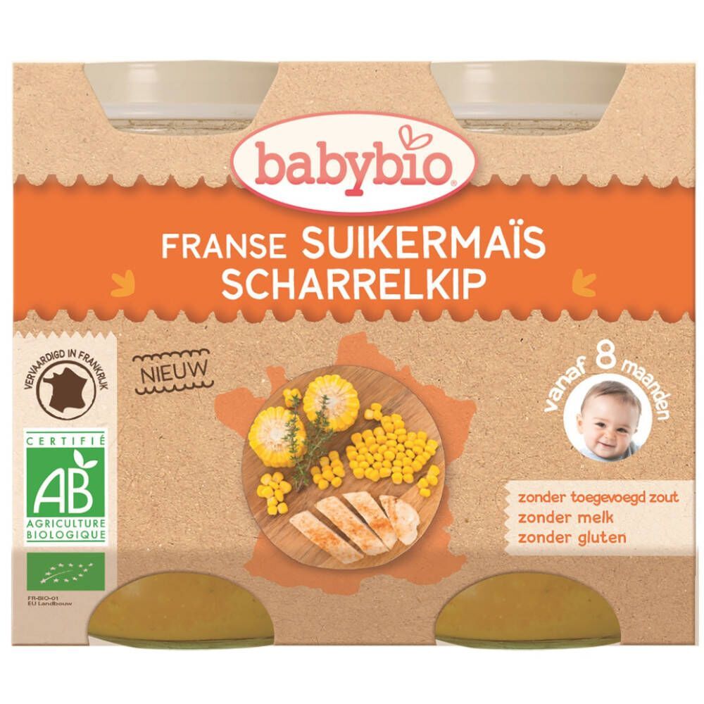 Ocebio Babybio Franse Suikermaïs en Scharrelkip – Biologische Babyvoeding – Maaltijd – Vanaf 8 Maanden 2x200 g