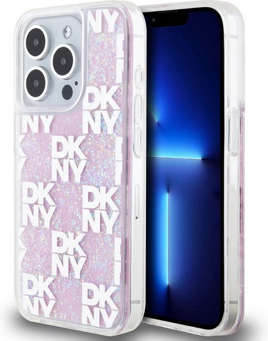 DKNY Liquid Glitter Checkered Pattern Back Case - Geschikt voor Apple iPhone 15 Pro (6.1") - Roze