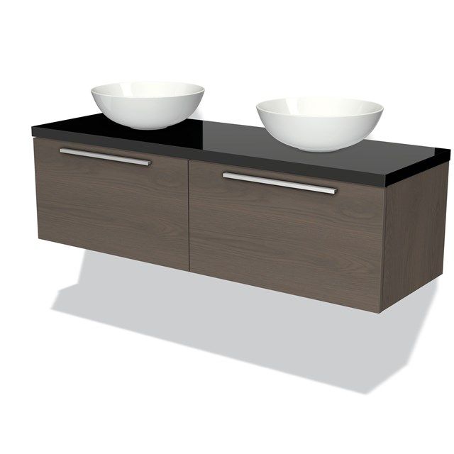 Maxaro Badkamermeubel Modulo Plato 140cm Donkerbruin Eiken 2 Lades Vlak Hoogglans Zwart Blad