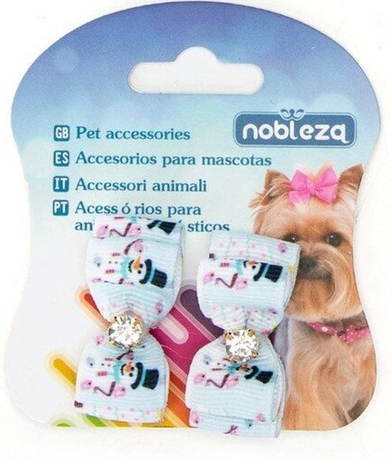 Nobleza Hair Tie with Bow for Pet - 3.8 cm - White - Snowmen with Birds - 2 pieces