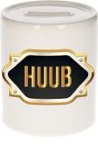 Bellatio Decorations Shoppartners Bv Spaarpot met voornaam Huub - wit - met goud/zwart embleem - 8 x 9 cm - keramiek - met afsluitdop - cadeau verjaardag
