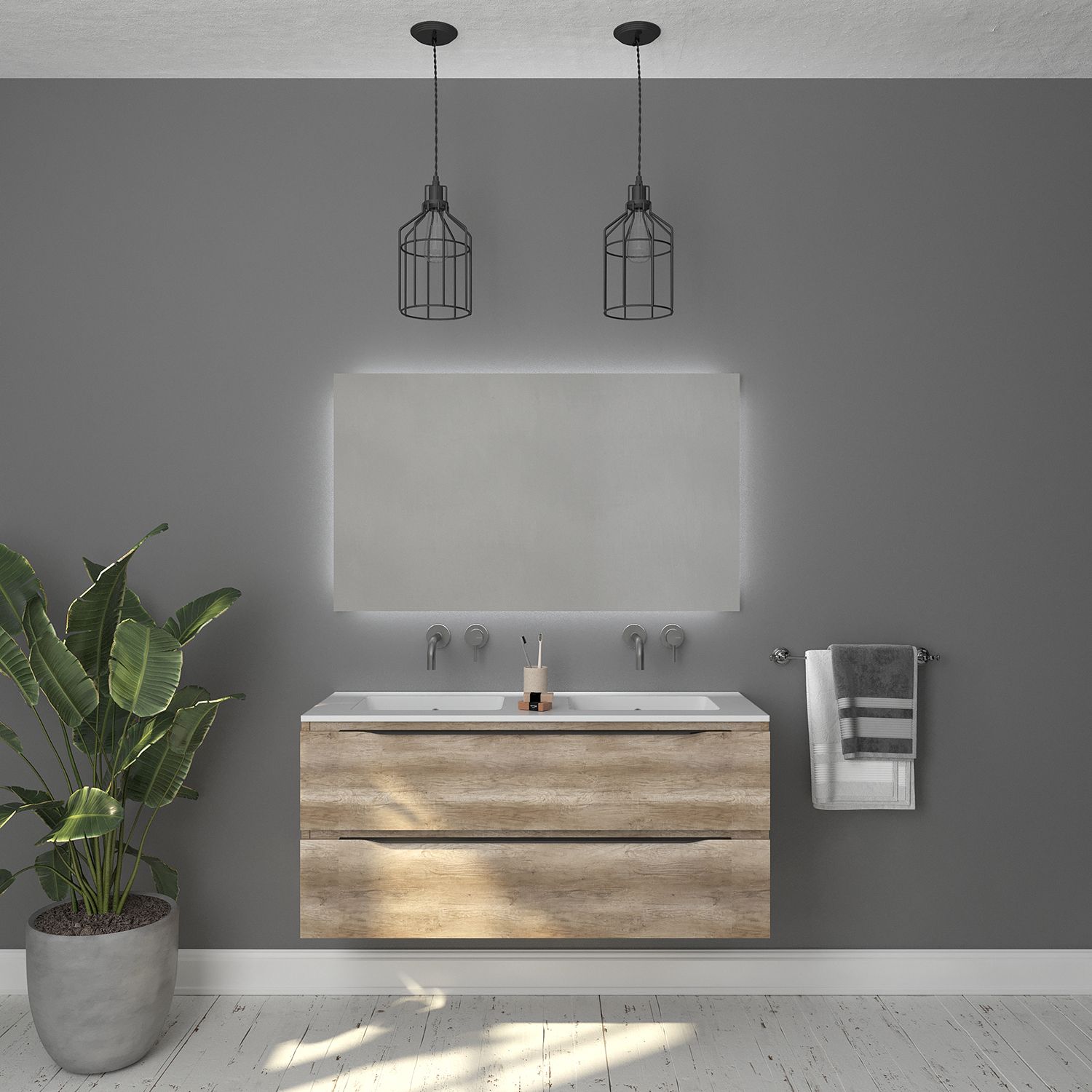 Gliss Design Hera Badkamermeubelset - Mat Zwart - 120 cm - 4 Laden - Oud Grijs Eiken