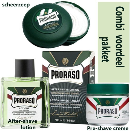 Proraso green pakket- Aftershave lotion, pre-shave crÃ¨me en scheerzeep