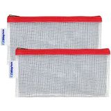 Waytex 2 stuks transparante etui met ritssluiting van EVA, zonder PVC, platte vorm, 22 x 11 cm, gekleurde rand, Rood