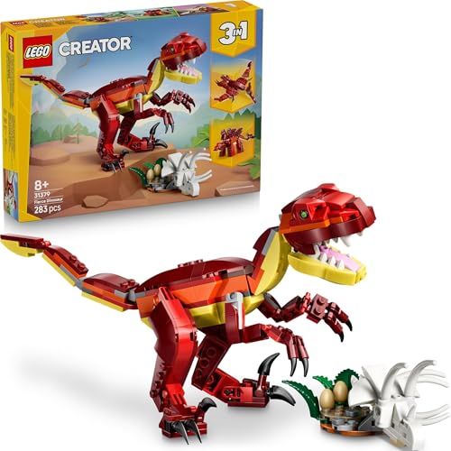 LEGO Creator 3in1 Fierce Dinosaur Toy - Build Velociraptor, Stegosaurus or Pterosaur Dino Figures w/Skeleton & Sharp Teeth Elements - Cool Birthday Gift Idea for 8+ Year Old Boys & Girls - 31379