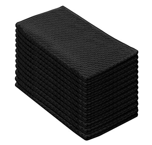 Cotton Craft - 12 Pack Black EuroCafe Waffle Weave Terry Kitchen Towels 16x28, 100% Ring Spun 2-Ply Cotton, Highly Absorbent, Low Lint, Professional Grade 400 GSM, Multi-Purpose Bar