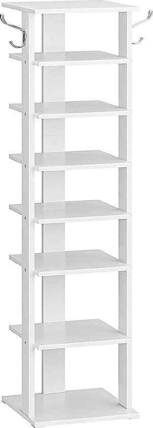 HOOBRO 8-laags schoenenrek, smal, wit, met 2 haken, van kunststof en hout