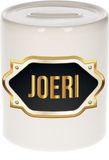 Bellatio Decorations Spaarpot met voornaam Joeri - wit - met goud/zwart embleem - 8 x 9 cm - keramiek - met afsluitdop - cadeau verjaardag