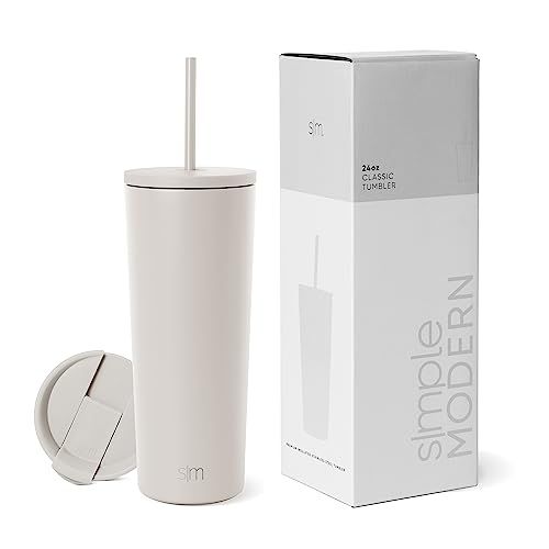 Simple Modern Insulated Tumbler with Lid and Straw | Iced Coffee Cup Reusable Stainless Steel Water Bottle Travel Mug | Spring Break Gifts | Classic Collection | 24 oz | Almond Birch