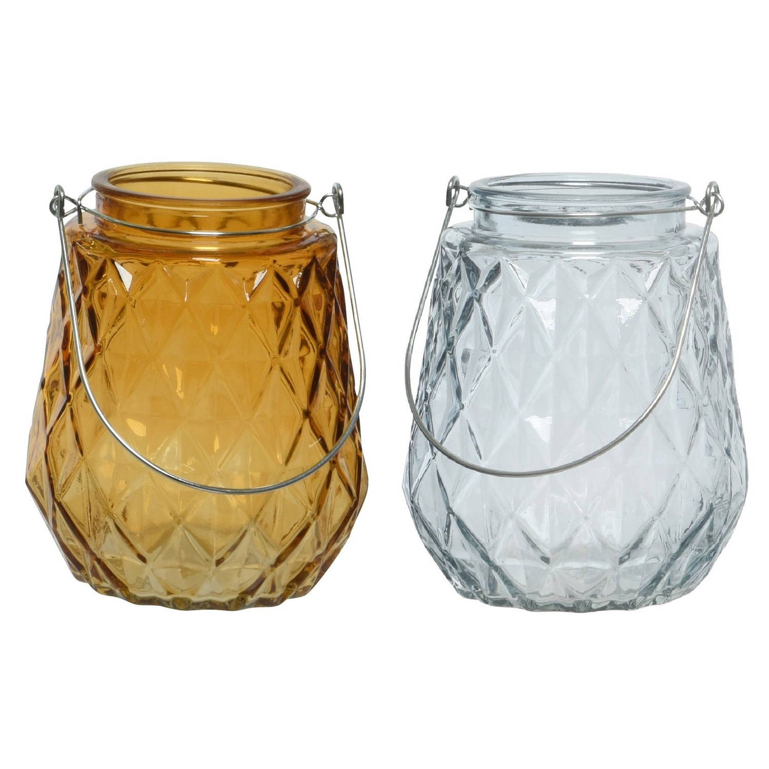Decoris Set van 2x theelichthouders glas ruitjes cognac/oranje en ijsblauw met metalen handvat 11 x 13 cm
