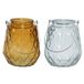 Decoris Set van 2x theelichthouders glas ruitjes cognac/oranje en ijsblauw met metalen handvat 11 x 13 cm
