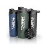 ABOVE. RVS proteïneshaker 750ml – BPA-vrij, dubbelwandig geïsoleerd, houdt 12u warm/koud, lekvrij deksel, geïntegreerde maatverdeling, olijfgroen