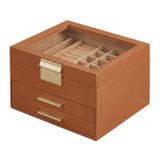 JOYFURNOS boîte à bijoux, coffret à bijoux 3 niveaux, boîte à bijoux avec couvercle en verre, 2 tiroirs, rangement de bijoux, moderne, brun-or