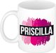 Bellatio Decorations Priscilla naam cadeau koffie mok - beker - met roze verfstrepen - Cadeau collega - moederdag - verjaardag - juf - coach - 300 ml - wit