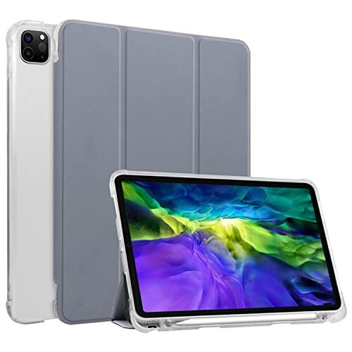 HUEZOE Hoes compatibel met iPad Pro 11 inch, model 2021/2020/2018, zachte TPU transparante achterkant klapstandaard beschermhoes met penhouder, auto slapen/waken, lavendel